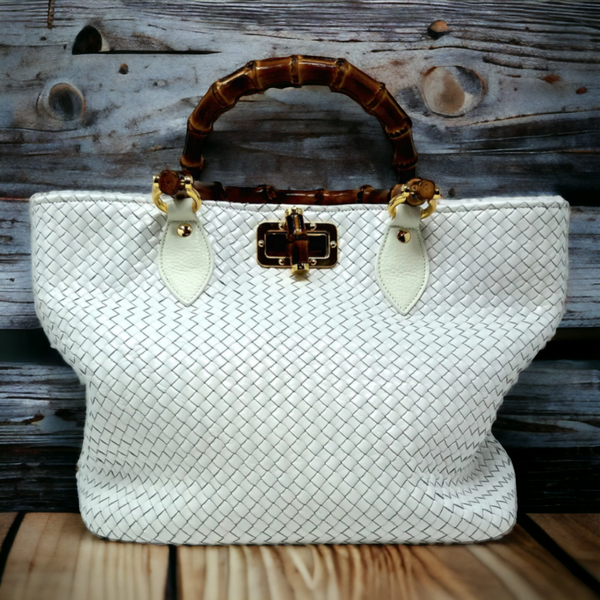 Handmade bag, Shopper &amp; bamboo model. White colour
