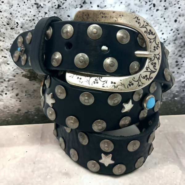 Leather belt with studs and cabochon 