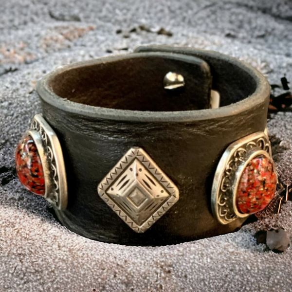 Handmade leather bracelet with studs and stones