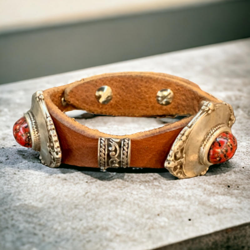 Handmade leather bracelet with studs and stones